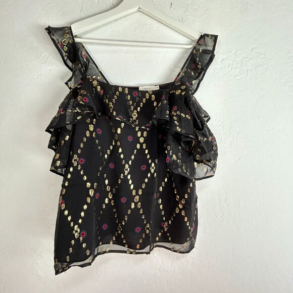 A.L.C Womens Willow Silk Metallic Ruffle Cold Shoulder Blouse Size 6 Black Gold - Picture 1 of 9